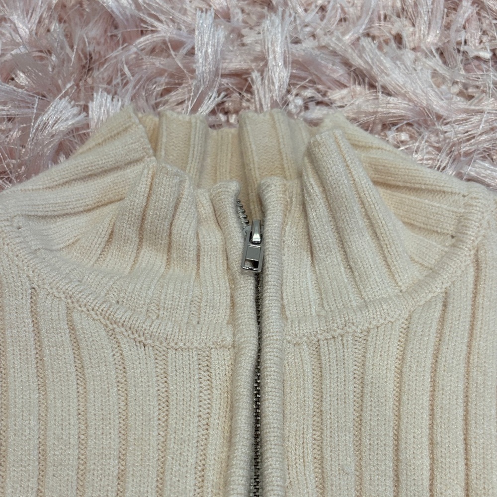 Cream Ribbed Zip-Up Sweater - Picture 3 of 5